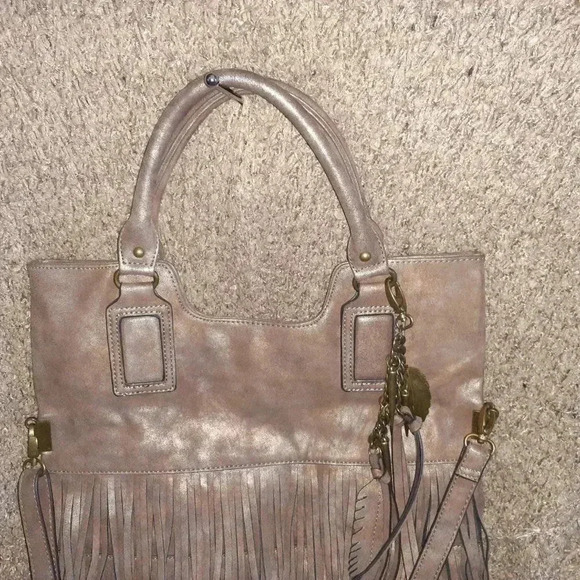 ALDO-Vegan Metallic Taupe Leather-Fringe-BOHO-Foldover Xbody/Handbag-Bag Charms - Picture 2 of 7